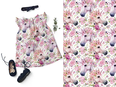 Unicorn pattern baby clothes babypink comission fabric fabric pattern flowers illustration pattern plants seamless spring surface design textile unicorn watercolor watercolor pattern