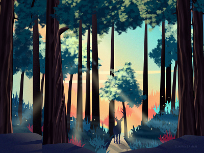 Forest Walk colorful cover deer design environment art environment design forest game game art game assets game design homepage design illustration jungle landing page nature illustration sunset vector walk woods