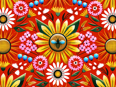 Summer Buzz bee blueberry illustration ladybug pattern pattern design retro summer sunflower surface design