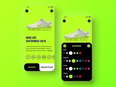 Daily UI Challenge #033 Customize Product adidas app card customize daily ui design ecommerce green ios iphone mobile neon nike online shop online store product settings shoes sneaker yellow