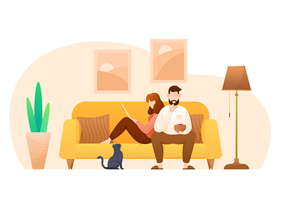 Leisure time cat cherries cherry design flat style floor lamp food green hanging painting illustration leisure time man orange plant red sofa ui ux woman yellow