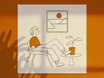 tea time aboud caitlin caitlin aboud chair design girl girl illustration illustration orange line line art line drawing mockup modern procreate shadow short hair sitting