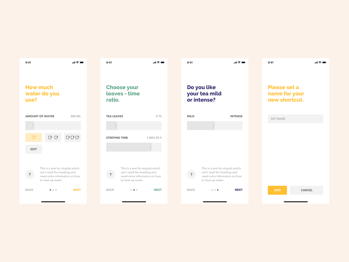 Tea Brewing Shortcut app clean concept daily design minimal mobile mobile app mobile design onboarding tea typography ui ui design ux ux design yellow