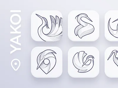 Yakoi App Icon Sketches animal app app icon bird branding character concept design heron icon idea logo logodesign logotype map mark pin process sketch sketches