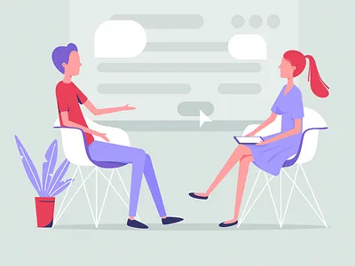 Interview blue boy chairs design girl illustration interview office