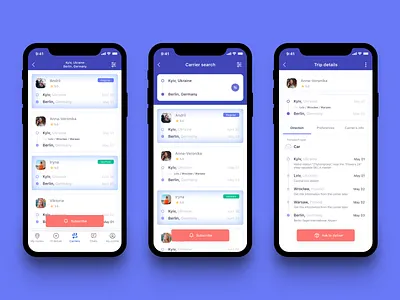 Find a travel companion that will deliver for you (App concept) cards carrier delivery app interface order parcels post road search shipments shipping management travel traveling trips ui ux