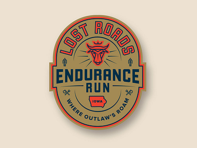 Lost Roads Endurance Run axe badge branding bull color design endurance gold illustration iowa logo lost navy orange pitchfork roads run running vector wheat
