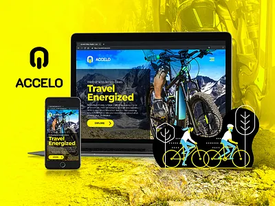 Accelo Bikes Branding and Website Design bicycle bike black blue e bike e commerce e scooter e skateboard electric graphicdesign illustration mobile scooter shopify skateboard website website design yellow