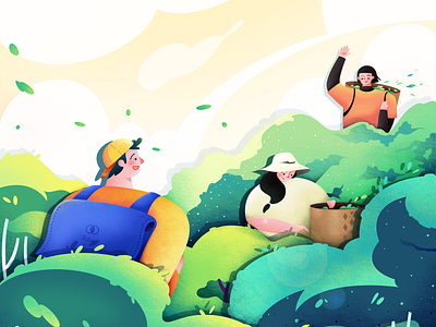 Tea picking cartoon charachter design climb design forest girl illustration man scenery tea women work