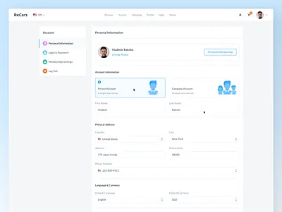 ReCars UI Kit - Personal Information account application automobile behance car cards clean dashboard design details fields form homepage info login profile sale settings uikit website