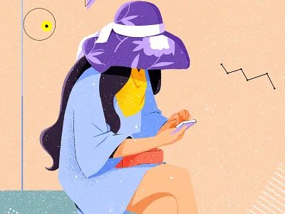 06 @warmth文文 坐着 女孩 戴帽子的女孩 扁平插画 插图 插画 看手机