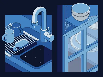 Empty Spaces 8 blue bowl home illustration isometric kitchen mug sink