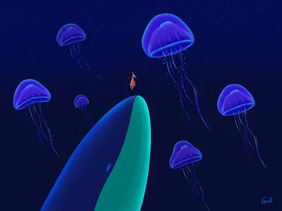 Whale dream 3 art blue branding design diving dream dreams freediving girl illustration jellyfish ocean sea star stars story ui ux web whale