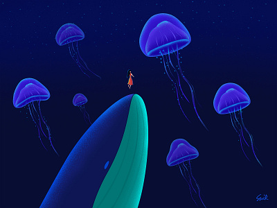 Whale dream 3 art blue branding design diving dream dreams freediving girl illustration jellyfish ocean sea star stars story ui ux web whale