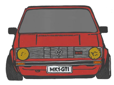 Volkswagen GTI block print design for sale golf gti illustration linocut linoprint multi color print printed printmaking rabbit reduction volkswagen