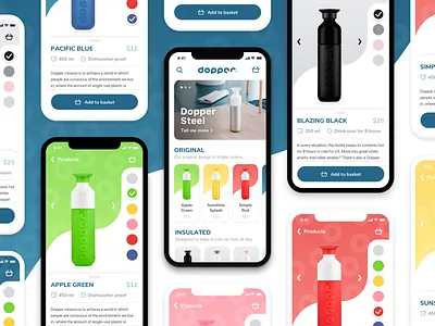 Dopper - Mobile webshop cards colours dopper dutch ecommerce first shot firstshot mobile app visual design waterbottle watercolor webshop