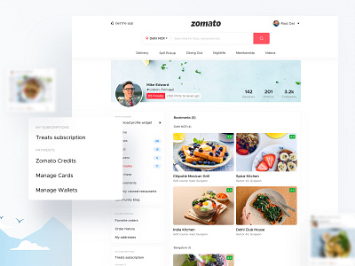 Concept Design for Zomato User Bookmarks achievement dashboard dashboard design dashboard ui dribbble best shot illustration profile profile card profile page user profile ux design zomato zomato profile