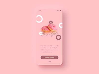 Daily UI Challenge #036 Special Offer app brown buy 1 get 1 cook coupon cute daily ui design donuts girly ios iphone mobile offer pink pretty reward simple special