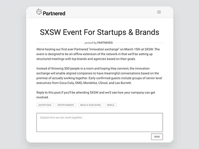 Partnered post creation. app b2b black white clean enterprise interface minimal monochrome product product design sketch software startup technology ui uiux ux walkthrough web ycombinator