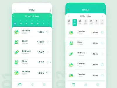 My Pills app bar calendar cards clean concept date drugs green health icons ios medical mobile pills round schedule time ui ux