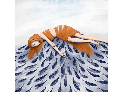 Girl on the pile of fish fish girl illustration