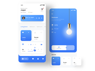 Smart Home APP air app automotion blue clean design home app lamp light music router settings smart home ui