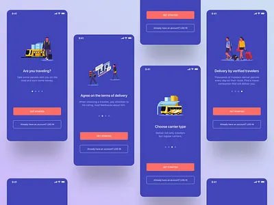 Onboarding walkthrough screens for Travel&Delivery App booking carrier delivery app illustration interface onboarding onboarding screen parcels reservation shipments start start screens walkthrough