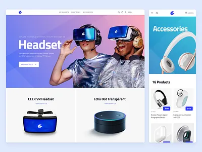 Tech e-commerce website design ecommerce website design headset accessories hero banner vr menu navigation bar mobile adaptive responsive product buy shop item card price