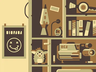Basement, 1999 - Snippet 2 90s basement bookshelf bopit camcorder furby grunge lava lamp nirvana retro tamagotchi tapes vhs