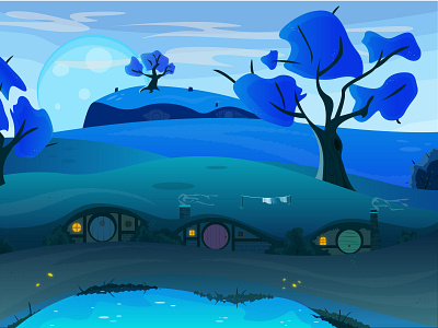 Another peaceful night in shire 2d 2d art art artwork blue design designer fun art hill hobbite illustraor illustration landscape landscape design landscape illustration lord of the rings moon night shire vector
