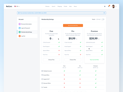 ReCars UI Kit - Membership Settings account application automobile behance car cards clean dashboard design details fields form info membership plans profile sale settings uikit website