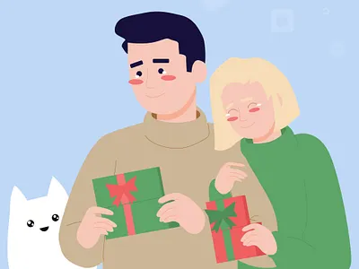 Cute Happy Couple With Gifts And Cat cat couple gifts happines illustration kitty vector vectors