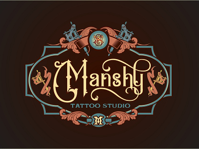 Manshy Tattoo Studio Vintage Logo label art branding deco hand lettering font illustration lettering logo tattoo type typography vector