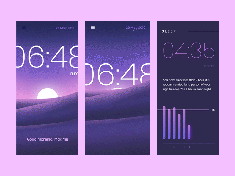 Daily UI #06 - Profile animation app branding clock dailyui design flat icon illustration logo minimal motion profile purple sunrise typography ui ux vector web
