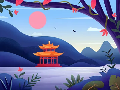 Landscape Illustration clean cloud color flower illustration landscape mountain sunset travel tree