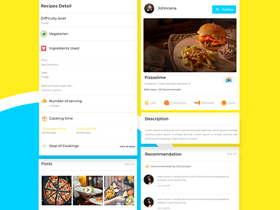 Recipe detail cards cooking design detail page follow food food app food lover foodie posts recipe recipe app recipe card recommendation recommended ui ui ux ui ux design ux yellow