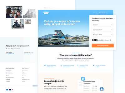 Camptoo — Verhuurders Landingspage camper rental platform car rental service colourful user interface footer homepage landing page one pager registration form travel landingspage website