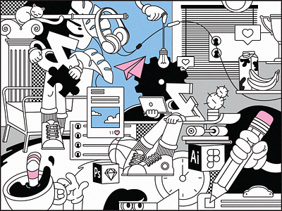 CI - continuous inspiration blackandwhite blue character character design collage design designprocess drawing figma illustration illustrator like office photoshop pink product team ui vector work