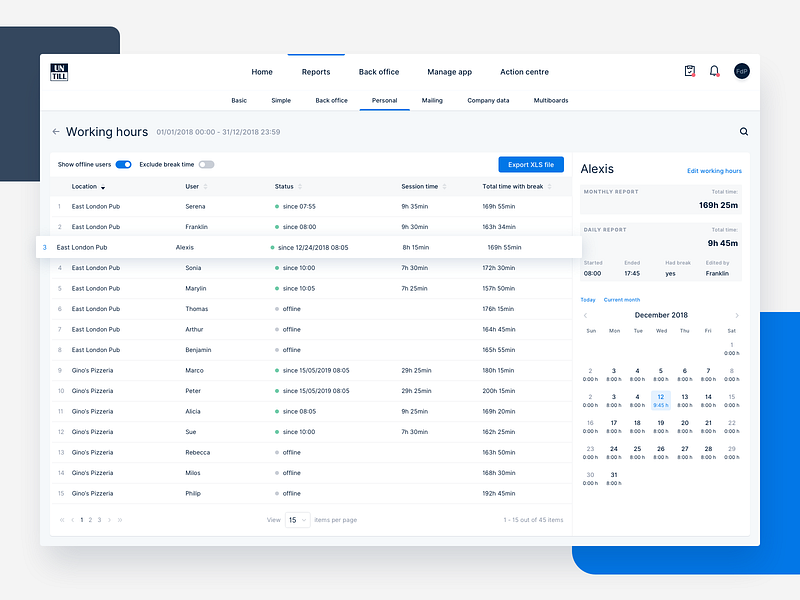 Untill - hospitality management platform - Reports back office data table desktop light ui management app point of sale product design report restaurant table table design ui ui ux web app web design