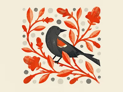 Red-winged Blackbird bird design flowers folk art illustration illustrator nature photoshop texture vector vines wacom