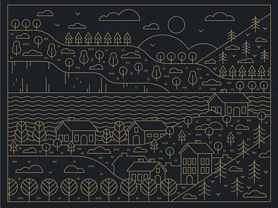 Illustration | Line Art Scene No.2 black buildings color design doodle exploration freelance gold illustration illustrator landscape line art lineart nature scene style town trees vector water