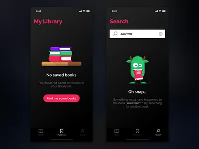 Librifox Audio Book Concept App - Empty States app audio app audio player audiobook audiobooks book books cute empty screen empty state empty states emptystate illustration ios monster no search result search bar ui