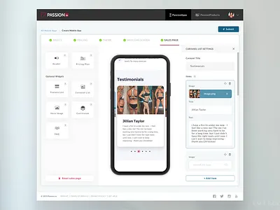 PassionApps Sales Page Builder app blocks builder carousel desktop enterprise interface landing page passion passion.io product saas sales page steps submit testimonials tools ui widgets