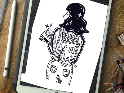 HOME BOOKBAG black and white body bookbag books girl home illustrate illustration line nature portrait simple women women power