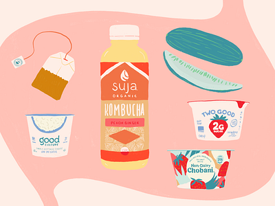 Gut Friendly Groceries cottage cheese gut illustration kitchn kombucha pickles stomach tea yogurt