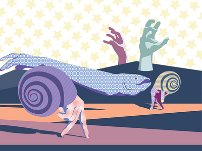 Morning Commute color colour design dull eel finger fingers flat hand hands illustration illustrator pastel pattern patterns snail surreal surrealism surrealist walking