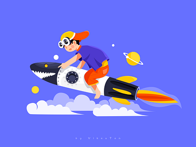 International Children's Day blue children cloud curious festival fly illustration missile rocket star ui web