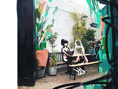 She's Not There: Cafe abstract cafe collage collage art drawing fragment paint sketch