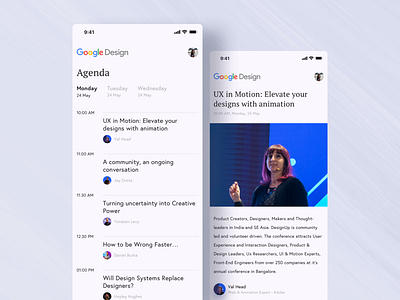 Google Design Conference Agenda Concept android animation app branding concept dailyui dailyuichallenge design dribbble event app flat inspiration interaction design ios minimal shot typography ui ui ux ux