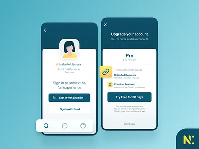 Professional Networking App account app community connect design iphone x logo navigation bar networking pro product design professional sign in trial ui upgrade ux